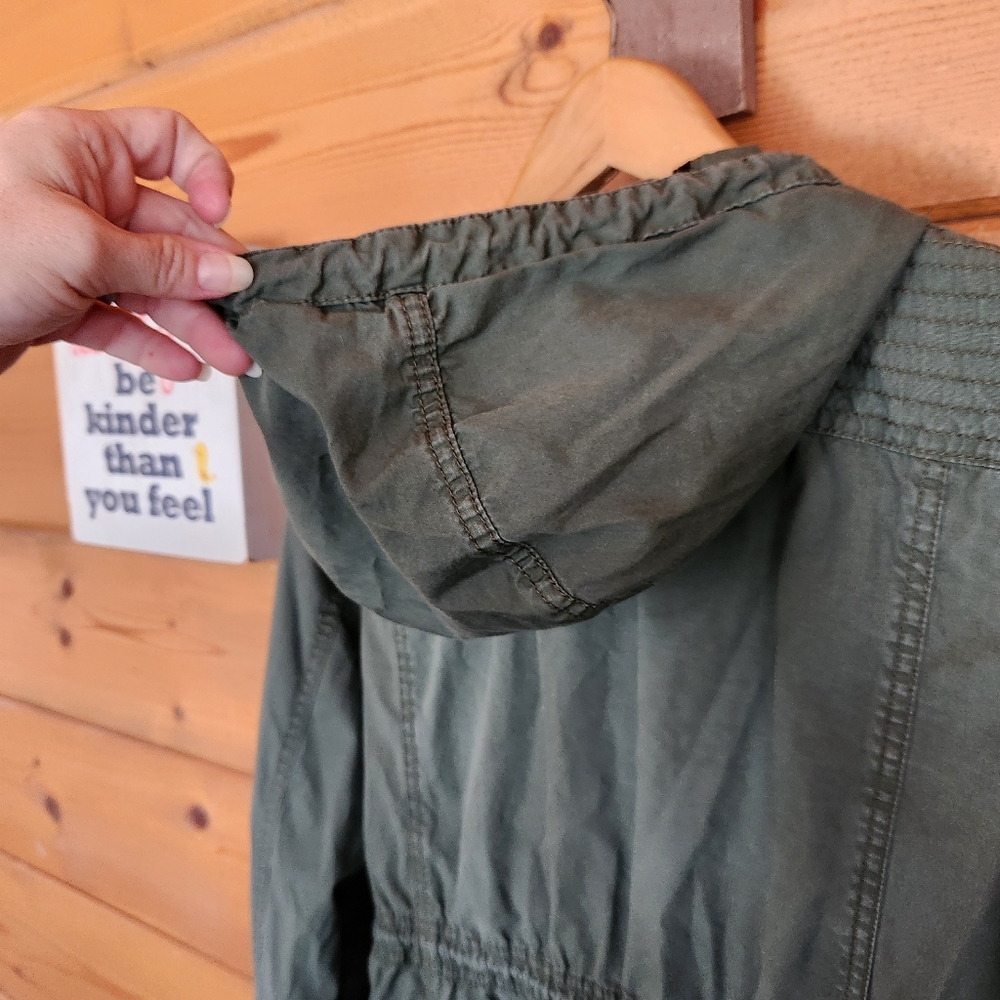 Black Rivet Hooded Military Utility Cargo Jacket Outdoor Green Stretch Zip Sz XS - Picture 10 of 10